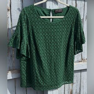Lane Bryant Forest Green Lace Blouse size 16 Women’s Ruffled Sleeve Shirt Office